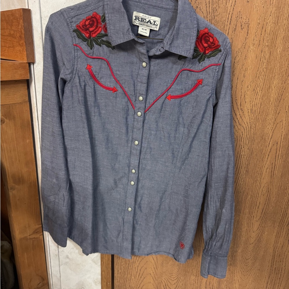 Ariat Denim Shirt with Red Rose Embroidery